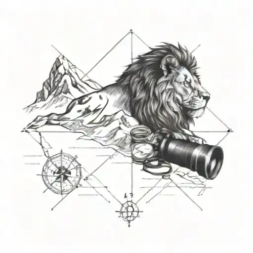 A blackwork tattoo of a lion's head framed by hiking gear like a compass, map, and binoculars tattoo design idea