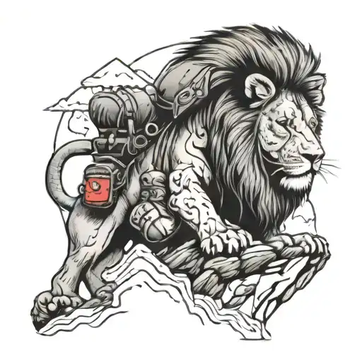 A lion with a hiking backpack filled with gaming equipment, standing on a mountain peak tattoo design idea