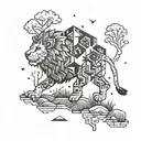A pixelated lion hiking through a forest filled with gaming symbols tattoo design idea