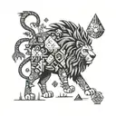 A pixelated lion hiking through a forest filled with gaming symbols tattoo design idea