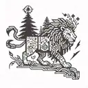 A pixelated lion hiking through a forest filled with gaming symbols tattoo design idea