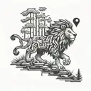 A pixelated lion hiking through a forest filled with gaming symbols tattoo design idea