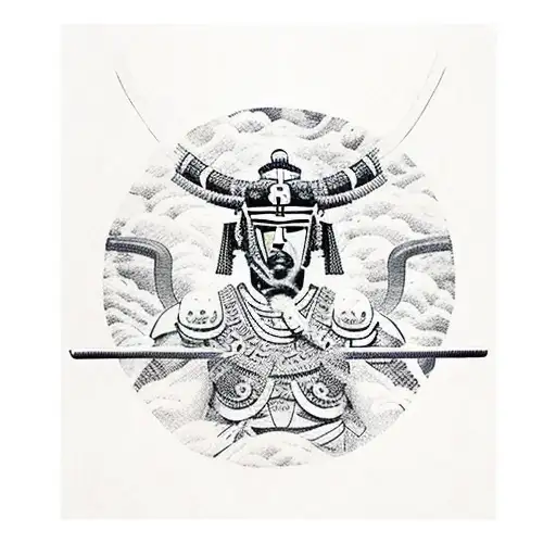 Roman Warrior and Eyptain God Horus and Samurai standing in front of mountain tattoo design idea