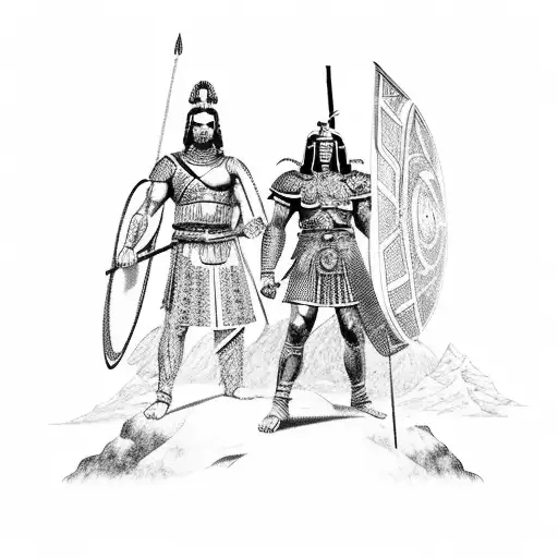 Roman Warrior and Eyptain God Horus and Samurai standing in front of mountain tattoo design idea