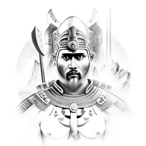 Roman Warrior, Eyptain God Horus, Samurai, standing in front of mountain tattoo design idea