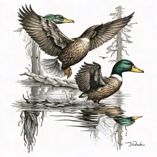 flooded timber with ducks flying tattoo design idea