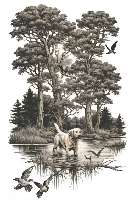 woods with Labrador retrieving ducks flying tattoo design idea