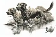 woods with Labrador retrieving ducks flying tattoo design idea