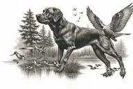 woods with Labrador retrieving ducks flying tattoo design idea