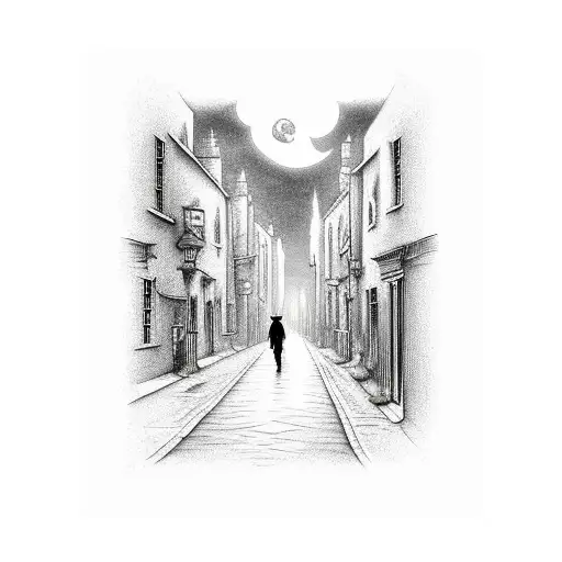 jack the ripper walking down city alley street with tall buildings at night with full moon and clouds black and grey tattoo design idea