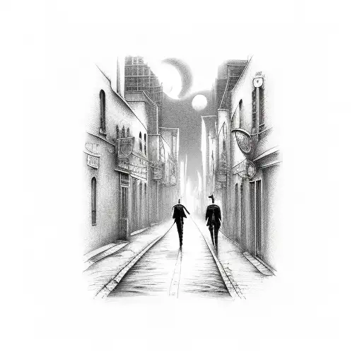 jack the ripper walking down city alley street with tall buildings at night with full moon and clouds black and grey tattoo design idea