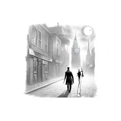 black and grey portrait style, jack the ripper walking down city alley street, with full moon and clouds at night. tattoo design idea