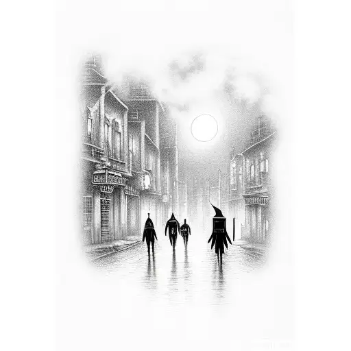 jack the ripper walking down city alley street with tall buildings at night with full moon and clouds all in black and g tattoo design idea