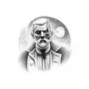 black and grey portrait style, jack the ripper walking down city alley street, with full moon and clouds at night. tattoo design idea