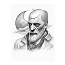 black and grey portrait style, jack the ripper walking down city alley street, with full moon and clouds at night. tattoo design idea