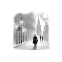 black and grey portrait style, jack the ripper walking down city alley street, with full moon and clouds at night. tattoo design idea