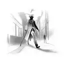 black and grey portrait style, jack the ripper walking down city alley street, with full moon and clouds at night. tattoo design idea