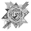 A tattoo design incorporating geometric shapes and typography, utilizing negative space to create a visually striking composition tattoo design idea