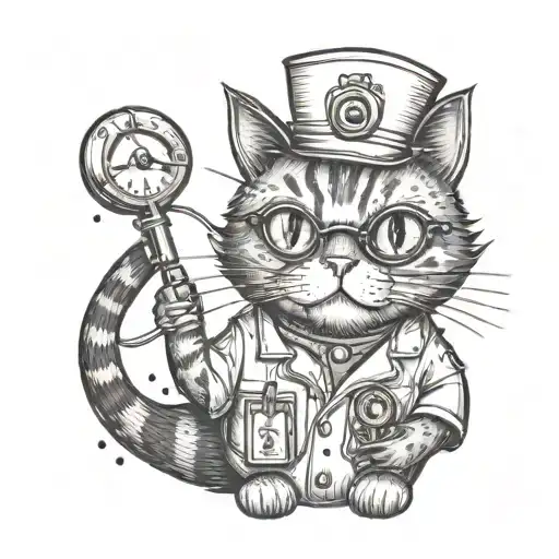 A whimsical tattoo of a surgeon cat wearing scrubs and holding a stethoscope, incorporating the client's occupation and love for cats tattoo design idea