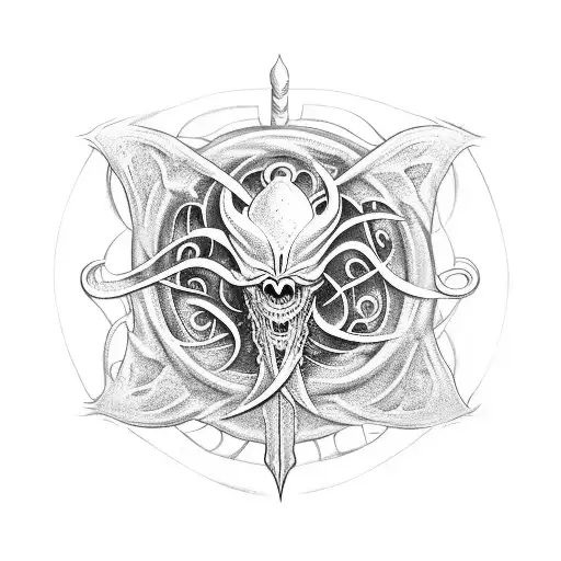 lovecraftian style eldritch horror sword tattoo design idea