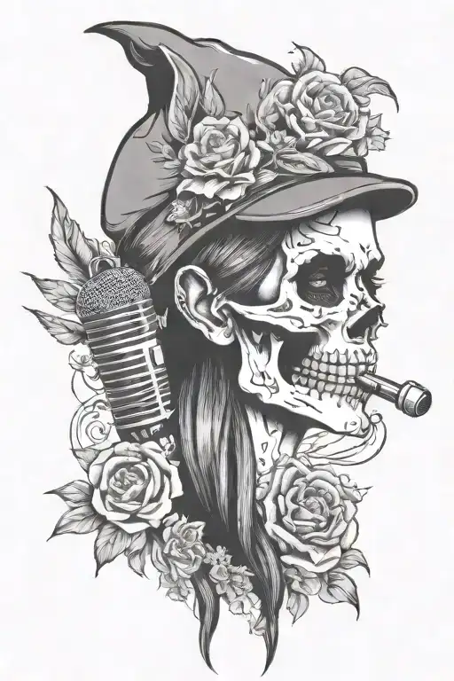 woman, face, skull, backwards  cap, microphone, smoke, flowers tattoo design idea