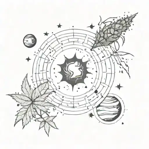 A cosmic tattoo of planets made of hemp and marijuana plants, depicting the cycle of life and creation tattoo design idea