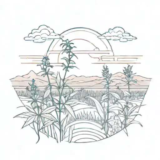 A surreal scene of a hemp field at sunset, with vibrant colors and intricate details tattoo design idea
