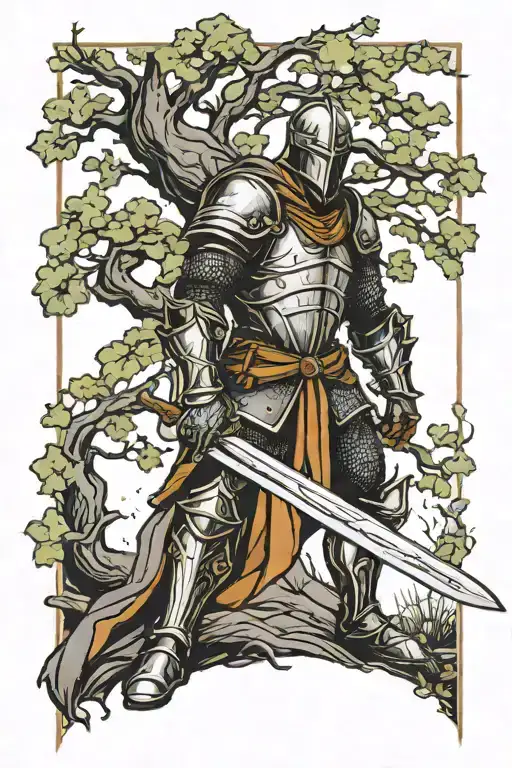 medieval knight holding a sword in front of a big tree that looks like thunder tattoo design idea