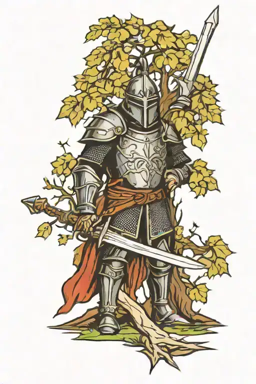 medieval knight holding a sword in front of a big tree tattoo design idea