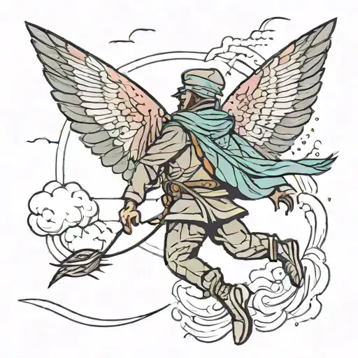 A kite spreading its wings and attacking. He has a landing parachute on his back and a beret on his head. tattoo design idea