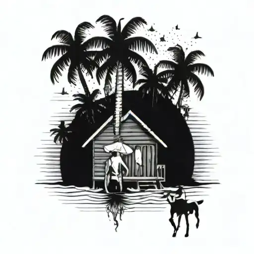 a hut, a guy holding beer in front of beach with coconut trees and gazing at stars tattoo design idea