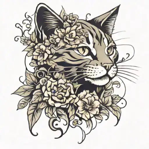cat and flowers tattoo design idea