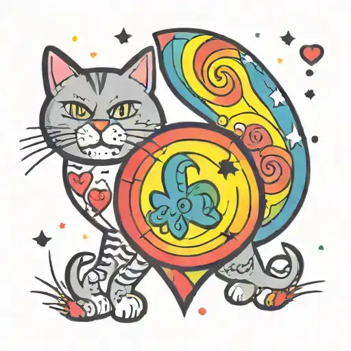 A colorful new-school tattoo design featuring a cat and a rainbow heart to represent love for the LGBT community tattoo design idea