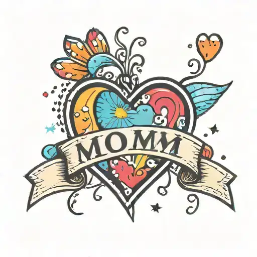 A traditional style tattoo of a heart with the word 'Mom' inside, surrounded by cat paw prints and rainbow accents to symbolize love and LGBT pride tattoo design idea