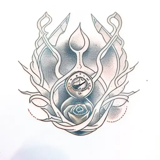Hourglass tangled with roots and swords tattoo design idea
