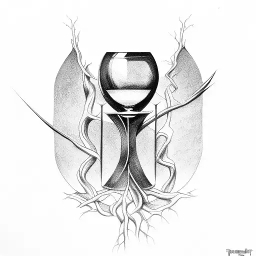 Hourglass tangled with roots and swords tattoo design idea