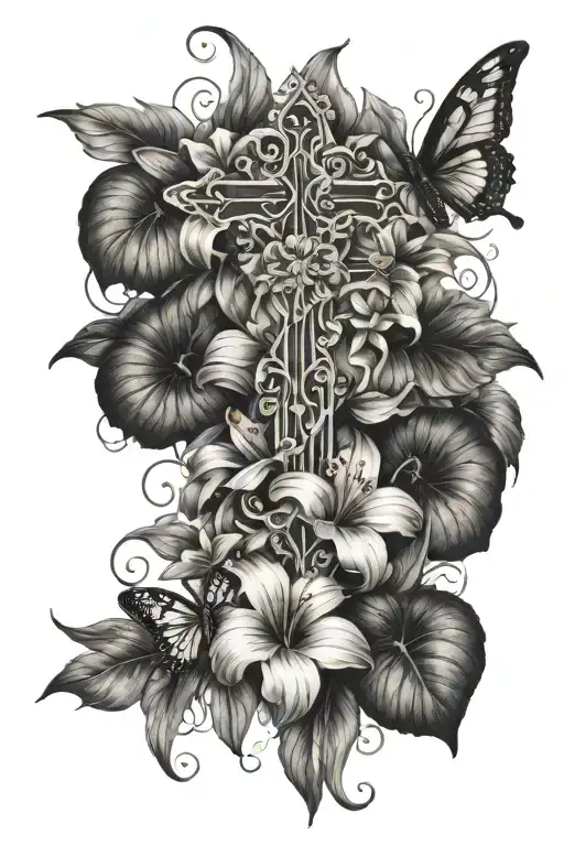 thin tall alone cross with hibiscus flowers and lilies around, butterflies surrounding and sparkles mixed in with leaves tattoo design idea