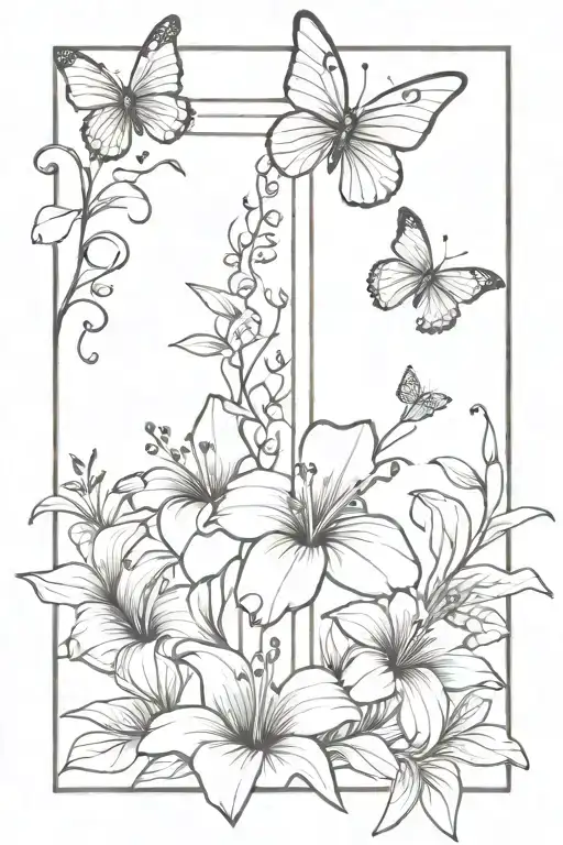 thin tall alone cross with hibiscus flowers and lilies around, butterflies surrounding and sparkles mixed in with leaves tattoo design idea