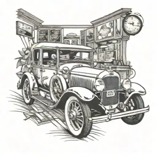 A vintage car driving through an art gallery filled with teaching supplies tattoo design idea