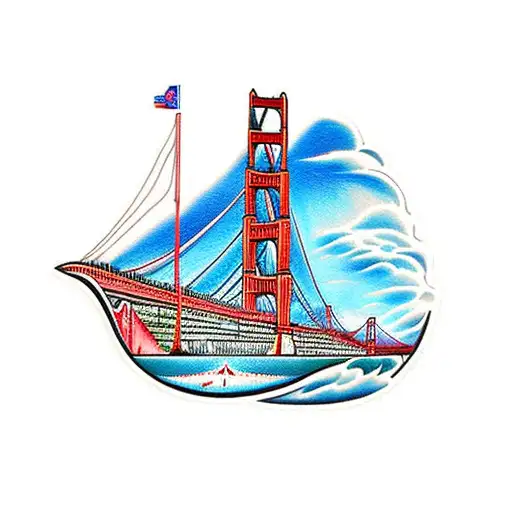 clipper ship with Golden Gate Bridge background  tattoo design idea