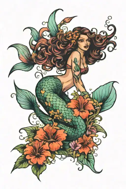 mermaid diving towards hibiscus flowers and sea life tattoo design idea