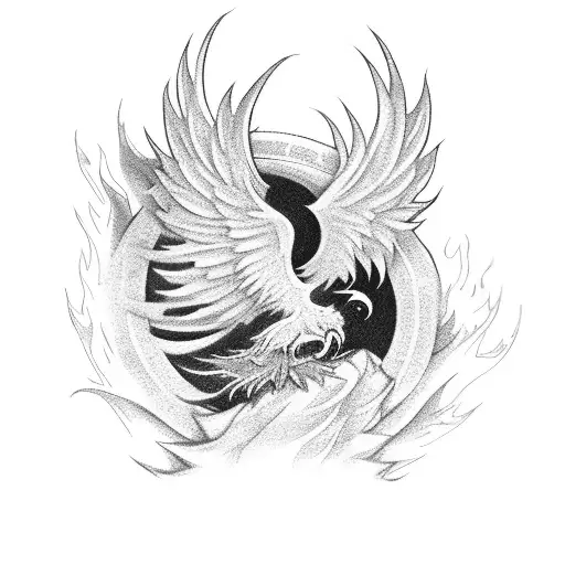 A phoenix rising from a pile of Crypto, symbolizing rebirth and wealth tattoo design idea