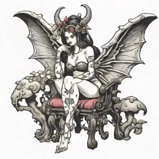 succubus on throne covered in mushrooms  tattoo design idea