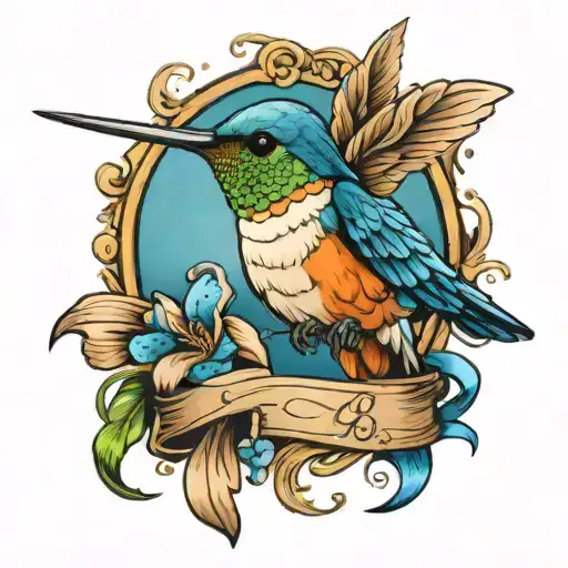 hummingbird with blue ribbon and 143 tattoo design idea