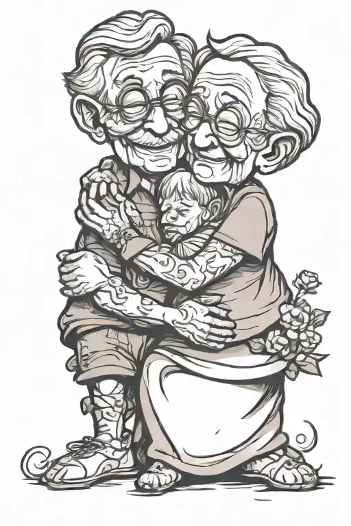 Grandparents hugging each other tenderly tattoo design idea