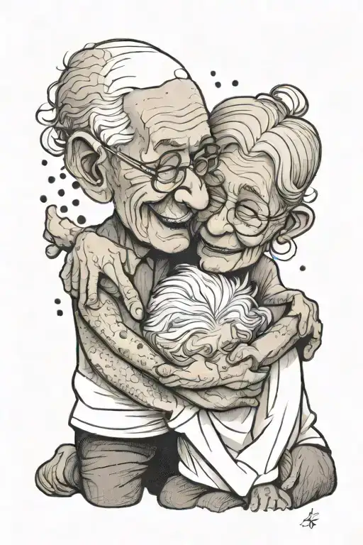 Grandparents hugging each other tenderly tattoo design idea