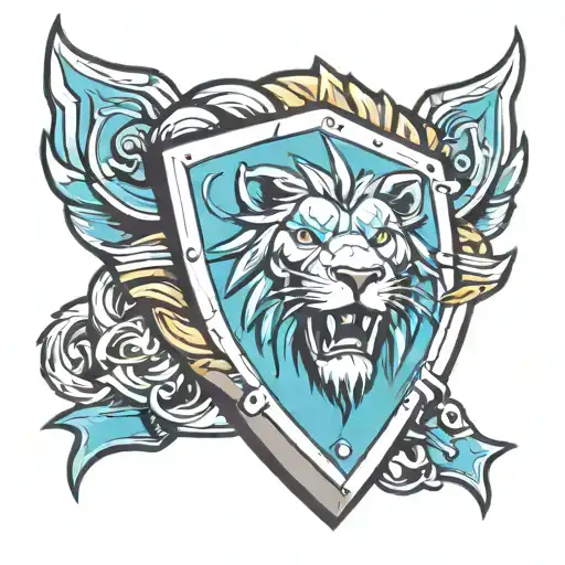 lion head with shield adorned tattoo design idea