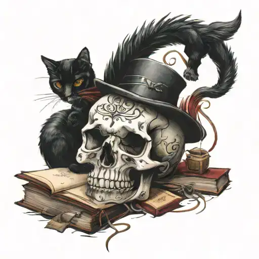 books with a writer's quill a skull a black cat and blood, dark romance tattoo design idea