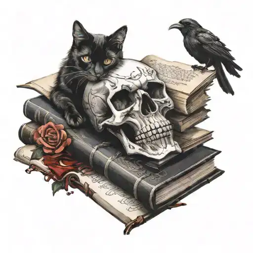 books with a writer's quill a skull a black cat and blood, dark romance and a crow and a gun tattoo design idea