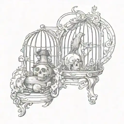 witch tattoo sleeve with cage and grave tattoo design idea
